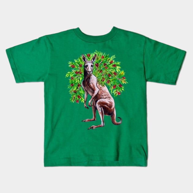 Kangaroo with Bottlebrush - Native Australian Christmas Kids T-Shirt by Pip Tacla